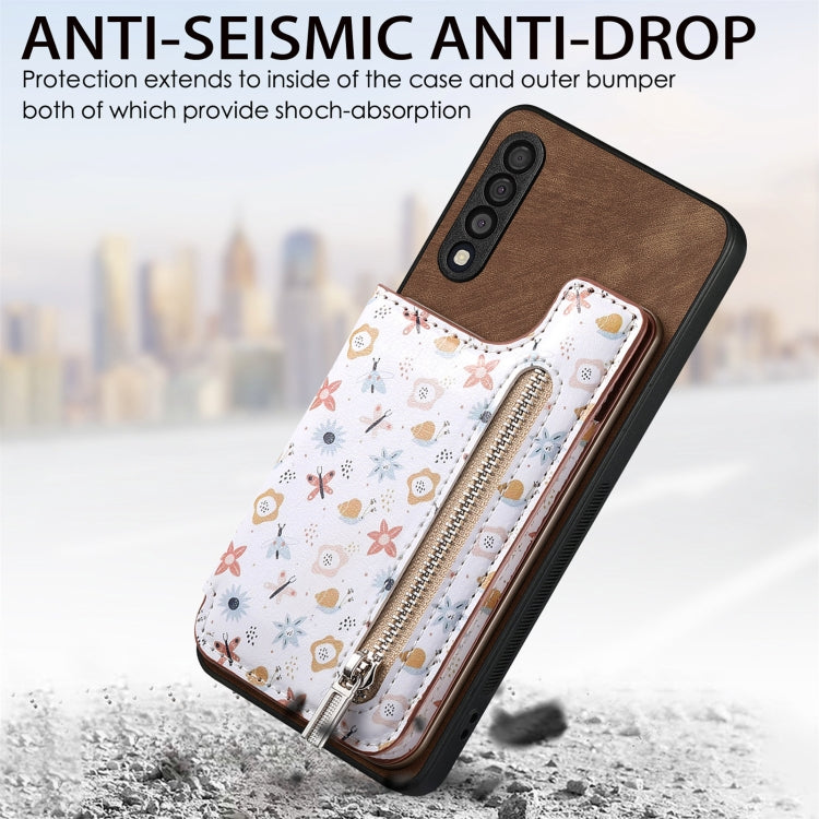 Samsung Galaxy A04e Retro Painted Zipper Wallet Case showcasing its stylish design and functional features.